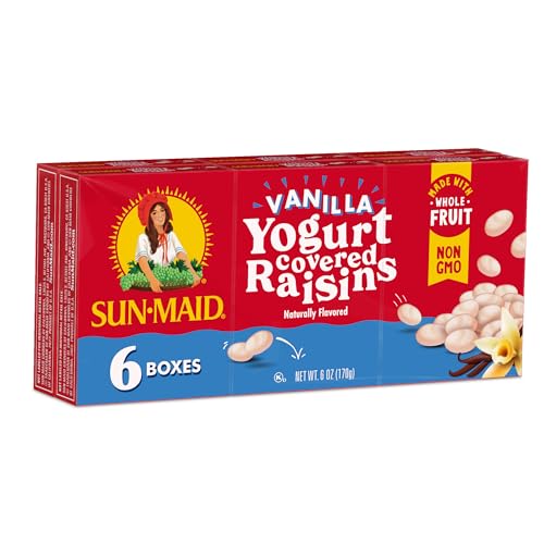 Pasas recubiertas de yogur de vainilla Sun-Maid (paquete de 6) Caja de 1 oz tamaño refrigerio - Bocadillo de fruta seca cubierta de yogur para almuerzos y refrigerios