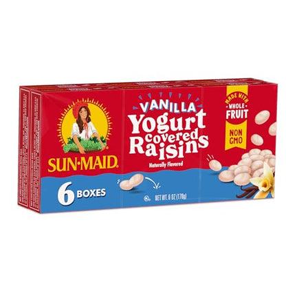 Pasas recubiertas de yogur de vainilla Sun-Maid (paquete de 6) Caja de 1 oz tamaño refrigerio - Bocadillo de fruta seca cubierta de yogur para almuerzos y refrigerios