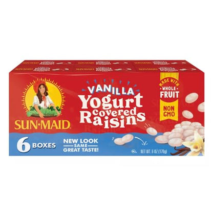 Pasas recubiertas de yogur de vainilla Sun-Maid (paquete de 6) Caja de 1 oz tamaño refrigerio - Bocadillo de fruta seca cubierta de yogur para almuerzos y refrigerios