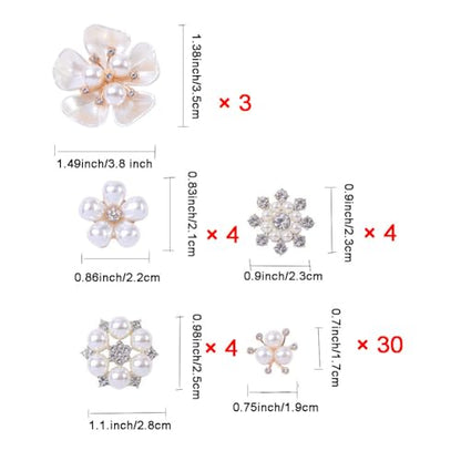 45 piezas de botones de perlas de diamantes de imitación, adornos de flores, broches, dijes plateados, botones de parte posterior plana para manualidades, ramos, ropa, zapatos, joyas