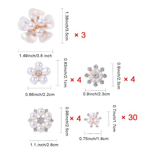 45 piezas de botones de perlas de diamantes de imitación, adornos de flores, broches, dijes plateados, botones de parte posterior plana para manualidades, ramos, ropa, zapatos, joyas