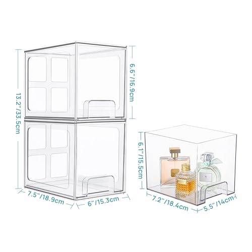 Vtopmart 4 Pack Stackable Storage Drawers, 6.6''Tall Acrylic Bathroom Makeup Organizers,Clear Plastic Drawers For Vanity, Undersink, Kitchen Cabinet,Pantry Organization and Storage