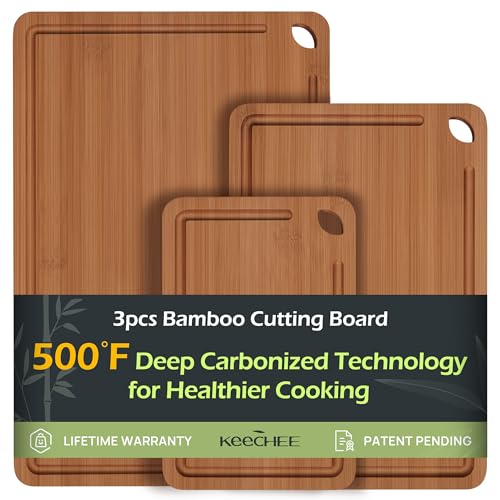 Tabla de cortar de bambú, tablas de cortar de madera duraderas para cocina con ranuras profundas para jugos y asas integradas, ideas ideales para embutidos y picado de carne, verduras y frutas, regalo de cocina para cocineros caseros