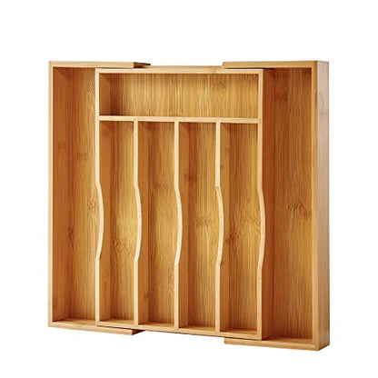 Organizador de cajón de cocina de bambú expandible para cubiertos y utensilios, bandeja de cubiertos de madera de bambú ajustable en cajón para cubiertos y cubiertos en la cocina (natural)