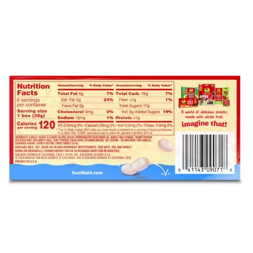 Pasas recubiertas de yogur de vainilla Sun-Maid (paquete de 6) Caja de 1 oz tamaño refrigerio - Bocadillo de fruta seca cubierta de yogur para almuerzos y refrigerios