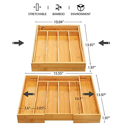 Organizador de cajón de cocina de bambú expandible para cubiertos y utensilios, bandeja de cubiertos de madera de bambú ajustable en cajón para cubiertos y cubiertos en la cocina (natural)