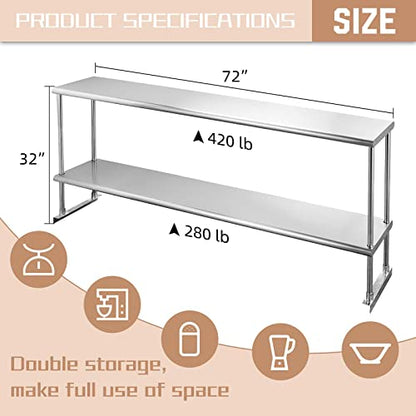 Estante doble HALLY de acero inoxidable de 12'' x 72'' con capacidad de peso de 420 lb, estante comercial de 2 niveles para mesa de preparación y trabajo en restaurantes, hogares o cocinas