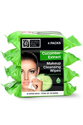 Toallitas desmaquillantes limpiadoras Global Beauty Care a granel: ideales para artículos de tocador de viaje, 120 unidades (paquete de 4) (pepino)