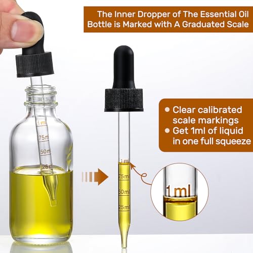 Paquete de 4 botellas de vidrio de 2 oz con gotero dosificador - Botellas de tintura transparentes de 60 ml con goteros de vidrio calibrados (1 ml) - Botellas de aceite esencial a prueba de fugas para salud, cuidado personal y belleza