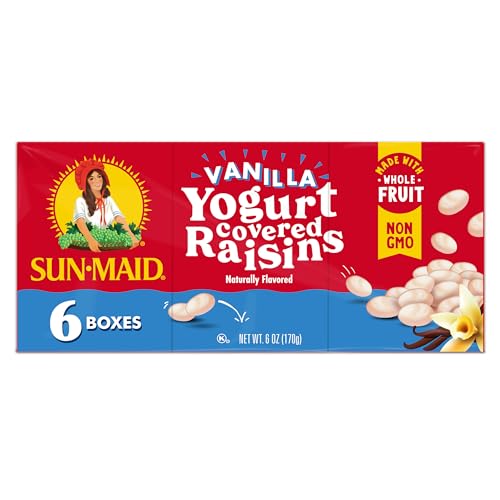 Pasas recubiertas de yogur de vainilla Sun-Maid (paquete de 6) Caja de 1 oz tamaño refrigerio - Bocadillo de fruta seca cubierta de yogur para almuerzos y refrigerios