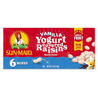 Pasas recubiertas de yogur de vainilla Sun-Maid (paquete de 6) Caja de 1 oz tamaño refrigerio - Bocadillo de fruta seca cubierta de yogur para almuerzos y refrigerios