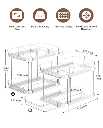 Delamu - Juego de 2 organizadores y almacenamiento multiusos para debajo del fregadero de baño de 2 niveles, organizador apilable para despensa de cocina, organizador extraíble para botiquín con 8 divisores móviles