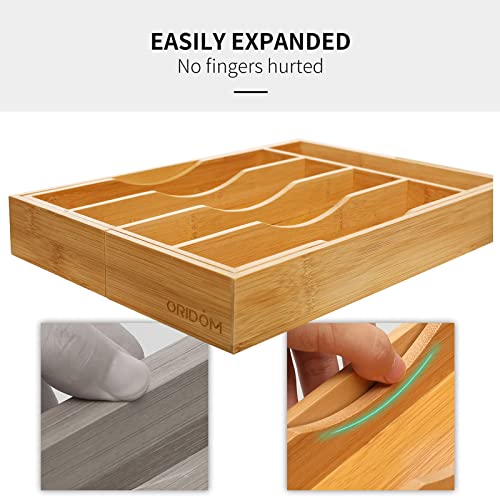 Organizador de cajón de cocina de bambú expandible para cubiertos y utensilios, bandeja de cubiertos de madera de bambú ajustable en cajón para cubiertos y cubiertos en la cocina (natural)