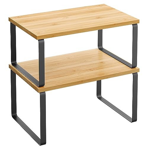 Estante organizador de gabinetes SONGMICS, juego de 2 estantes para encimera de cocina, almacenamiento de cocina, estante para especias, apilable, expandible, metal y madera industrial, negro tinta y beige natural UKCS02NB