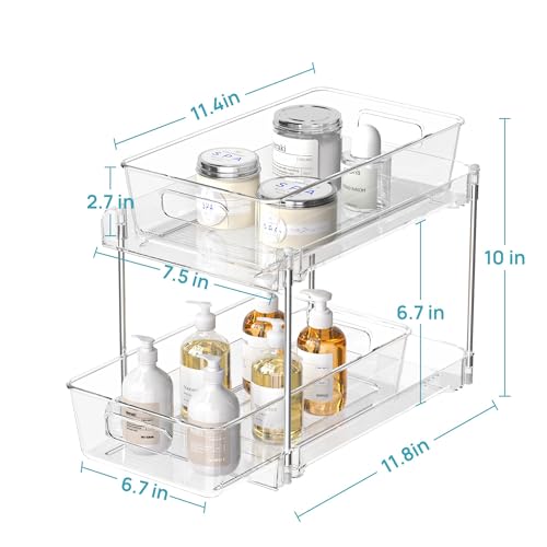 Vtopmart - Organizador de baño de 4 unidades, organizador de 2 niveles transparente debajo del fregadero, contenedor de almacenamiento para encimera de tocador, cajones para gabinetes, organización extraíble con riel para despensa, cocina