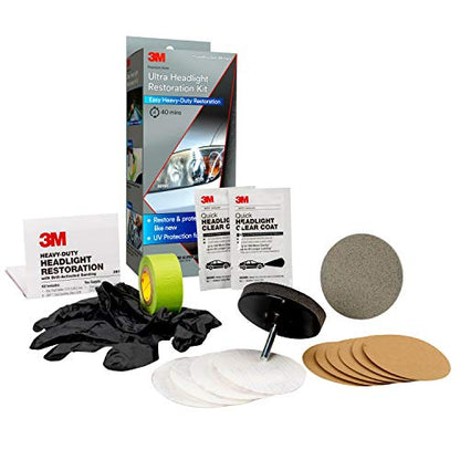 Kit de restauración de faros delanteros 3M Ultra, contiene cinta de enmascarar, discos de lijado ligero, protector de cera y más, para usar en lentes de plástico de faros delanteros, luces traseras y más, restauración fácil y resistente (39195)