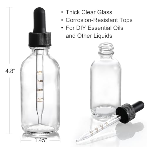 Paquete de 4 botellas de vidrio de 2 oz con gotero dosificador - Botellas de tintura transparentes de 60 ml con goteros de vidrio calibrados (1 ml) - Botellas de aceite esencial a prueba de fugas para salud, cuidado personal y belleza