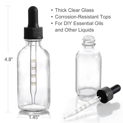 Paquete de 4 botellas de vidrio de 2 oz con gotero dosificador - Botellas de tintura transparentes de 60 ml con goteros de vidrio calibrados (1 ml) - Botellas de aceite esencial a prueba de fugas para salud, cuidado personal y belleza