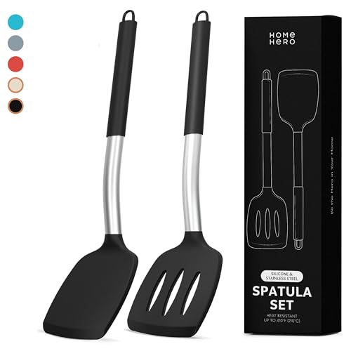 Juego de espátulas de silicona Home Hero con mangos ergonómicos, de acero inoxidable, resistentes al calor, sólidas y ranuradas, juego de utensilios de cocina antiadherentes sin BPA, espátula de goma (2 piezas, color negro)