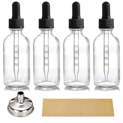 Paquete de 4 botellas de vidrio de 2 oz con gotero dosificador - Botellas de tintura transparentes de 60 ml con goteros de vidrio calibrados (1 ml) - Botellas de aceite esencial a prueba de fugas para salud, cuidado personal y belleza