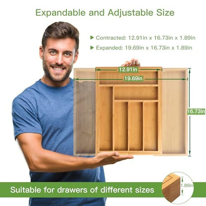 Organizador de cajones expandible de bambú Pipishell para utensilios, bandeja ajustable para cubiertos, organizador de divisores de cajones de madera para cubiertos, cubiertos y cuchillos en la cocina, el dormitorio y la sala de estar