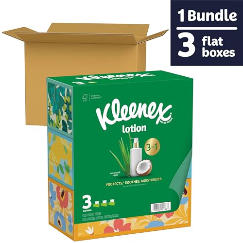 Pañuelos faciales con loción Kleenex y aceite de coco, 3 cajas planas, 120 pañuelos por caja, 3 capas