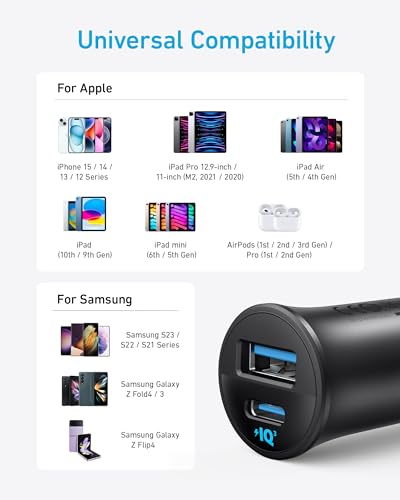 Anker USB-C Car Charger, iPhone 16 Car Charger, 30W 2-Port Type-C Car Adapter, PowerIQ 3.0, for iPhone 16/15/14/13/12 Series, Samsung Galaxy S23/S22/S21 Series, iPad Pro, AirPods, and More