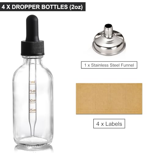 Paquete de 4 botellas de vidrio de 2 oz con gotero dosificador - Botellas de tintura transparentes de 60 ml con goteros de vidrio calibrados (1 ml) - Botellas de aceite esencial a prueba de fugas para salud, cuidado personal y belleza