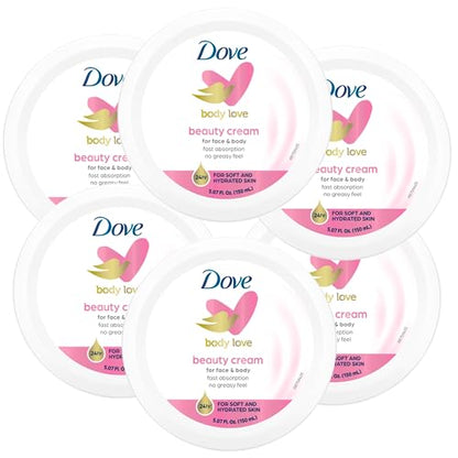 Crema de belleza Dove Nourishing Body Care, para rostro, manos y cuerpo, para pieles normales a secas, para mujeres, con humectación durante 24 horas, paquete de 6, frasco de 5,07 oz cada uno