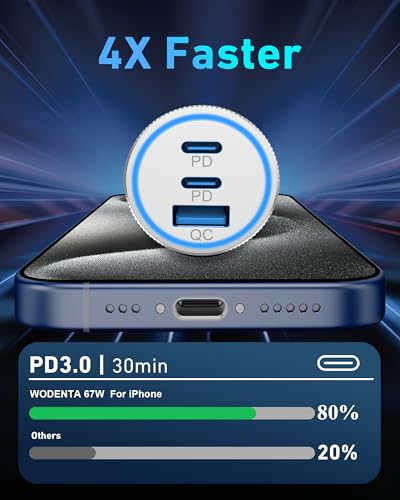 Cargador de coche para iPhone 15/16 Pro Max, 67 W, 3 puertos USB C rápidos, adaptador de corriente para encendedor de cigarrillos con cable USB C a C de 3 pies para iPhone 15/15 Plus/15 Pro Max/16/16 Pro Max, iPad Pro/Air/Mini