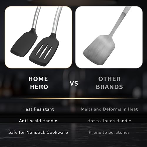 Juego de espátulas de silicona Home Hero con mangos ergonómicos, de acero inoxidable, resistentes al calor, sólidas y ranuradas, juego de utensilios de cocina antiadherentes sin BPA, espátula de goma (2 piezas, color negro)