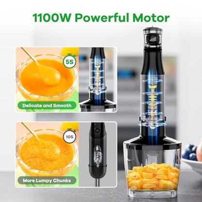 Licuadora de inmersión de mano con cable, 1100 W, gatillo de velocidad variable, 5 en 1, licuadora de emulsión con picadora, batidor y espumador para sopas, alimentos para bebés y batidos