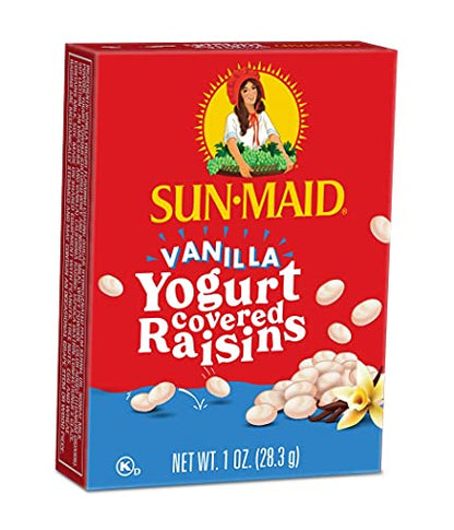 Pasas recubiertas de yogur de vainilla Sun-Maid (paquete de 6) Caja de 1 oz tamaño refrigerio - Bocadillo de fruta seca cubierta de yogur para almuerzos y refrigerios