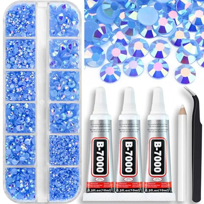 B7000 Clear Glue with 4000PCS Light Blue AB Rhinestones for Crafts Clothing Fabric Shoes, Glue Fix Sky Blue Flatback Gems for Nails Face Jewelry, Mixed 5 Sizes Diamond Gemstones Bejeweled Kit