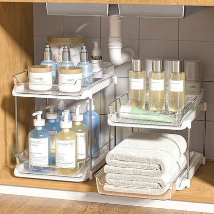 Delamu - Juego de 2 organizadores y almacenamiento multiusos para debajo del fregadero de baño de 2 niveles, organizador apilable para despensa de cocina, organizador extraíble para botiquín con 8 divisores móviles