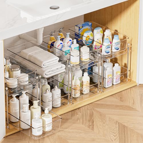 Vtopmart - Organizador de baño de 4 unidades, organizador de 2 niveles transparente debajo del fregadero, contenedor de almacenamiento para encimera de tocador, cajones para gabinetes, organización extraíble con riel para despensa, cocina