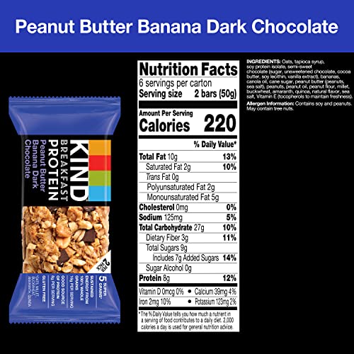 KIND Breakfast, barra de refrigerio saludable, barra de desayuno sin gluten con mantequilla de maní, plátano y chocolate negro, 8 g de proteína, paquetes de 1,76 oz (6 unidades)