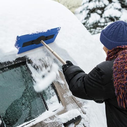 Escoba para nieve y rascador de hielo telescópico de 18" para ventanas de automóviles Snow Joe, espuma que no raya, azul