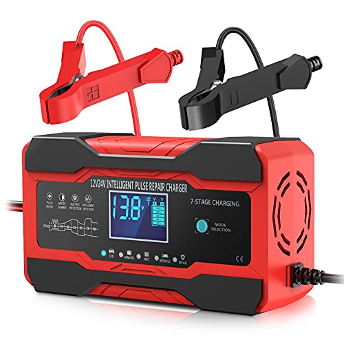 Cargador de batería YONHAN de 10 amperios, 12 V y 24 V, cargador de batería para automóvil inteligente totalmente automático, cargador de mantenimiento de batería y desulfatador de batería con compensación de temperatura