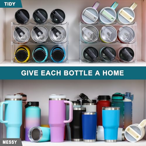 Organizador apilable para botellas de agua LANDNEOO, para la organización de vasos grandes de Stanley y otros, estante transparente para vinos, soporte para botellas para encimera de casa, refrigerador, despensa, 3 niveles con capacidad para 9