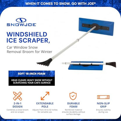 Escoba para nieve y rascador de hielo telescópico de 18" para ventanas de automóviles Snow Joe, espuma que no raya, azul