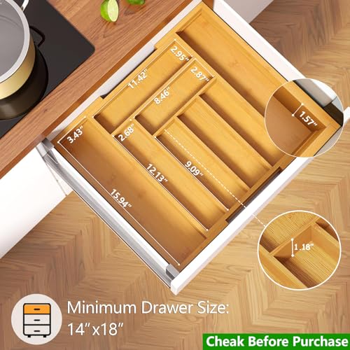 Organizador de cajones expandible de bambú Pipishell para utensilios, bandeja ajustable para cubiertos, organizador de divisores de cajones de madera para cubiertos, cubiertos y cuchillos en la cocina, el dormitorio y la sala de estar