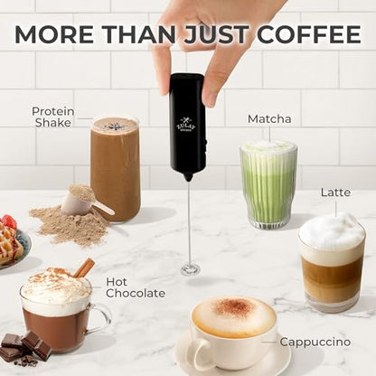 Mini & Mighty Milk Frother Wand - Powerful Handheld Drink Mixer - Stocking Stuffer Coffee Frother For Latte, Cappuccino, Matcha, Hot Chocolate, Creamer - Black