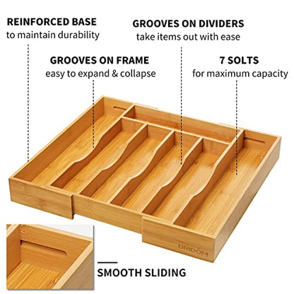 Organizador de cajón de cocina de bambú expandible para cubiertos y utensilios, bandeja de cubiertos de madera de bambú ajustable en cajón para cubiertos y cubiertos en la cocina (natural)