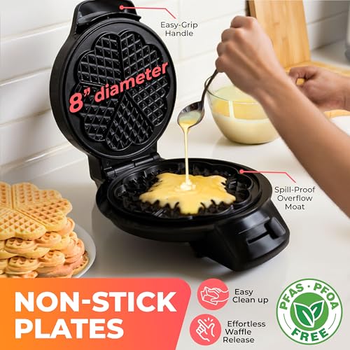 Máquina para hacer waffles Mueller Heart 5, plancha para waffles, control de tostado ajustable y antiadherente, mango de tacto frío, fácil de limpiar, pequeños electrodomésticos de cocina