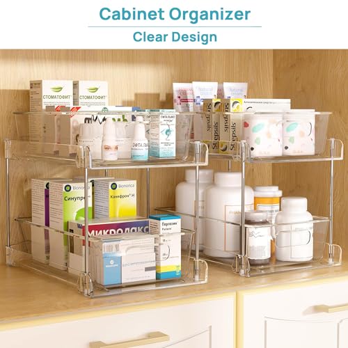 Vtopmart - Organizador de baño de 4 unidades, organizador de 2 niveles transparente debajo del fregadero, contenedor de almacenamiento para encimera de tocador, cajones para gabinetes, organización extraíble con riel para despensa, cocina