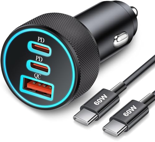 Cargador de coche USB C de 3 puertos y 67 W, tipo C, superrápido, para Samsung Galaxy S25, S24, S23, S22, S21 Ultra, A54, A53, A15, iPhone 16/15 Pro Max, Android, adaptador de coche PD/QC, accesorios para hombres y mujeres + cable USB-C de 3 pies