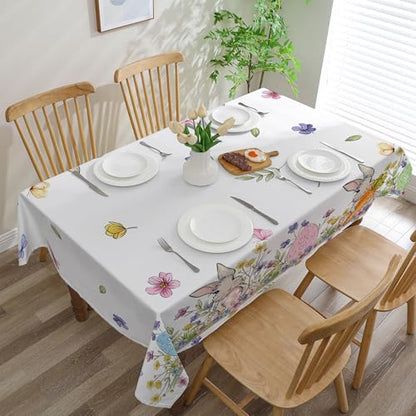 Easter Tablecloth 60x84 Inch Rectangle, Easter Table Decor, Spring Table Cloth Rectangle for Party, Table Floral Rabbit and Eggs Easter Decorations for Home