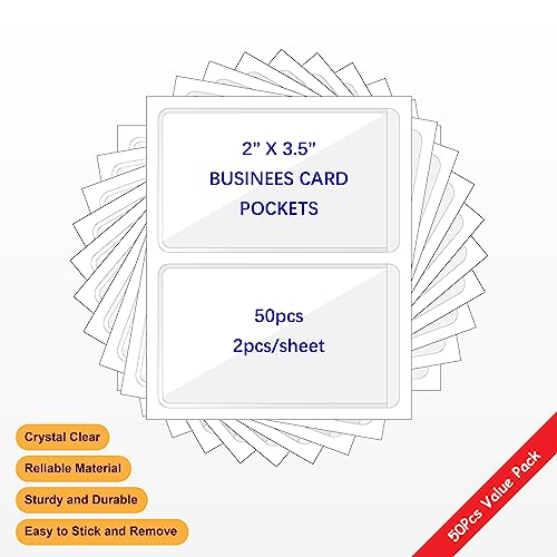 Clear Adhesive Business Card Pocket swith Side Open for Loading, 50 Pack, Plastic Labels Holders for Storage Bins and Library Card, Ideal for Organizing and Protecting Your Business Cards