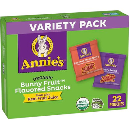 Snacks de frutas orgánicas con forma de conejito de Annie, paquete variado, snack sin gluten, 22 unidades, 15,4 oz